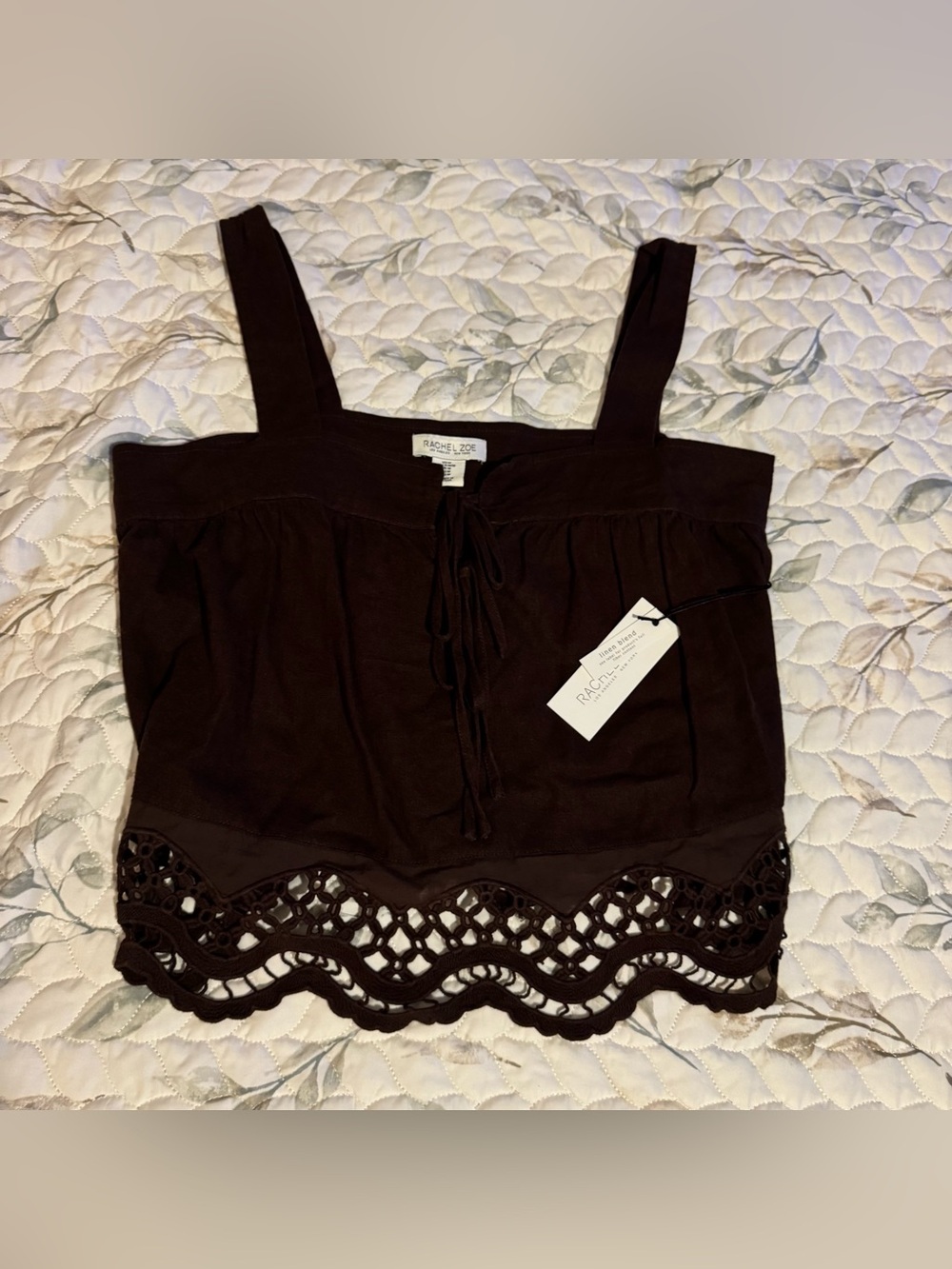 NWT Rachel Zoe Brown Linen Blend Crochet Hem Tie Front Tank Top Size Medium
